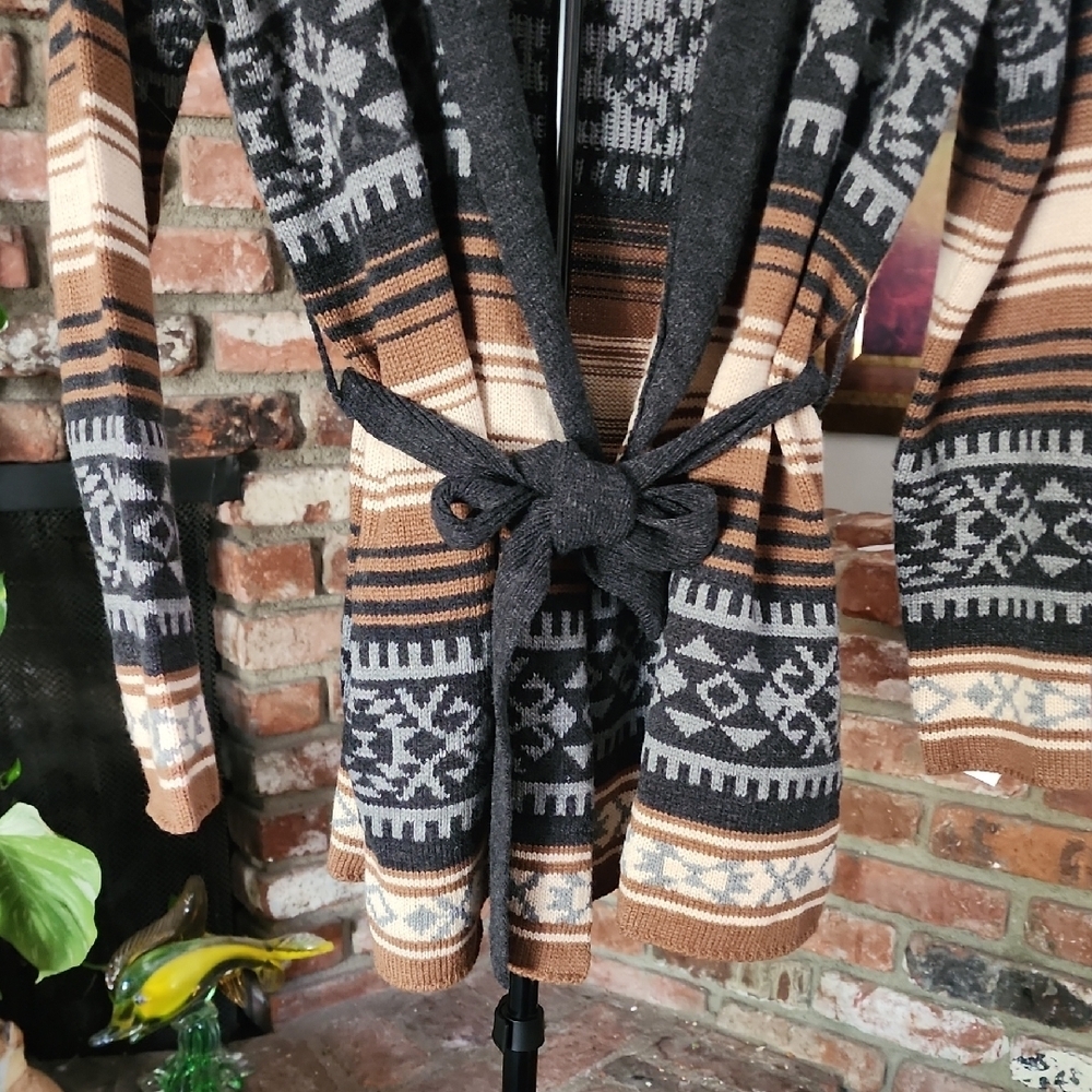 Stetson Southwestern Shawl Collar Cardigan Belted Fair Isle Boho Western Women’s - Picture 3 of 13